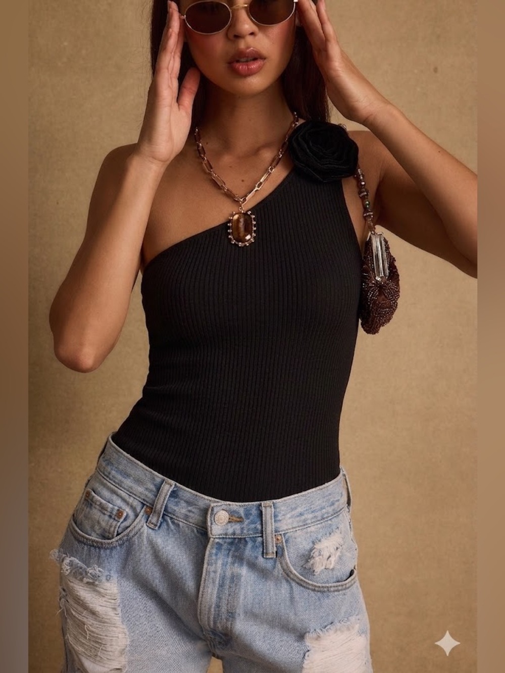 NWT American Eagle One-Shoulder Black Ribbed Top with Rosette